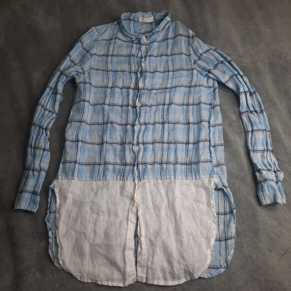 CP Shades Women's Linen Chambray Tunic Top Two Tone Blue Plaid White Sz Small
